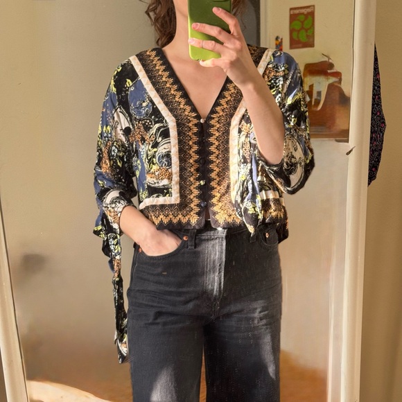 Free People Tops - Free People Black and Gold Patterned Blouse